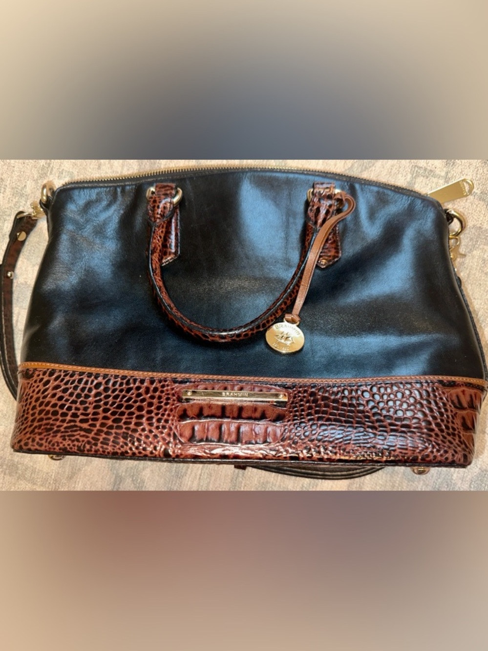 Brahmin Leather Satchel Black Brown Croc Embossed Shoulder Bag Purse
